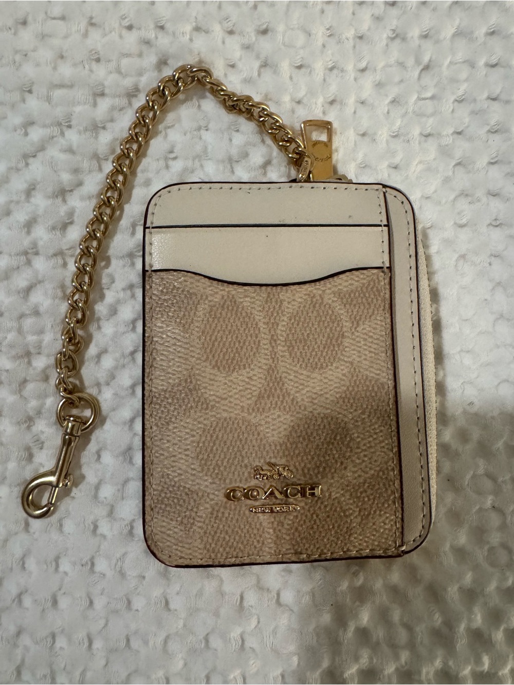 Coach Signature Beige Card Case with Gold Chain Attachment